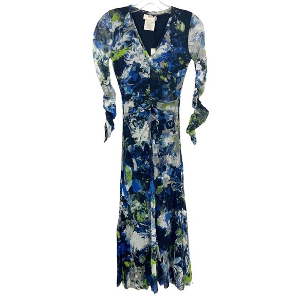 NEW Fuzzi Floral Mesh Midi Dress Ruched Sleeves V-Neck Black Blue Artsy Size XS - Picture 1 of 8